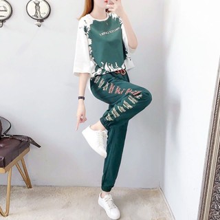 ชุดกีฬา เสื้อฮาเร็ม แขนสั้น กางเกงขายาว ทรงหลวม สองชิ้น แฟชั่นสําหรับผู้หญิง 2023