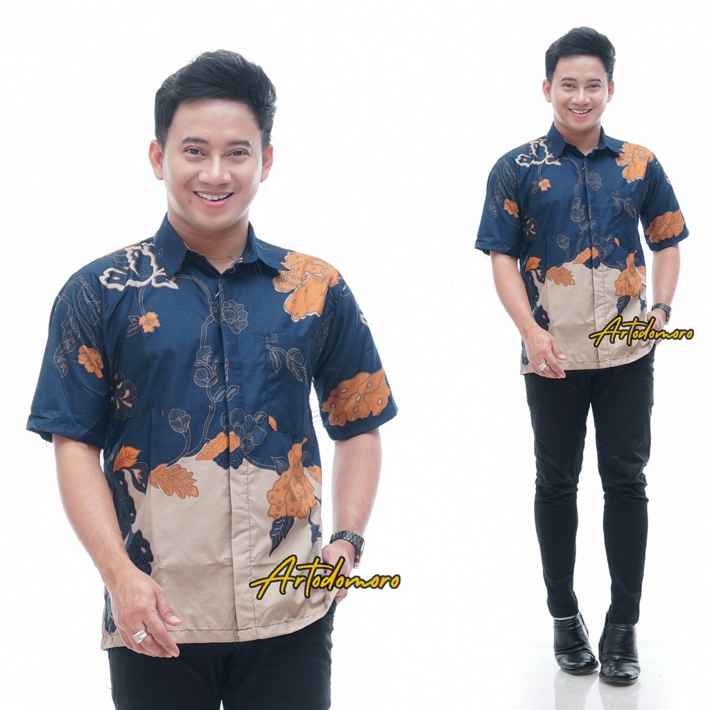 Mawar KEMEJA Artodomoro เสื้อเชิ้ตบาติกผู้ชายแขนสั้นลายดอกกุหลาบสีกรมท่า