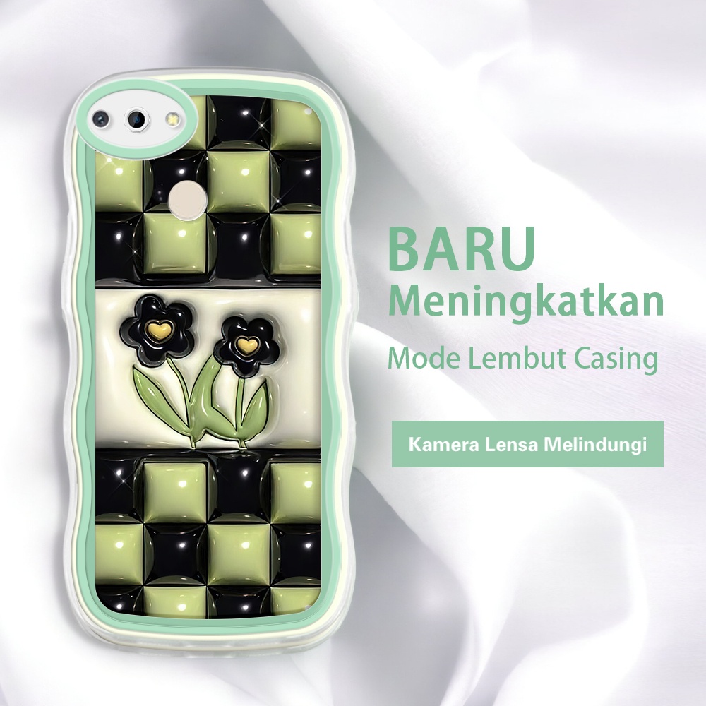 HIJAU Jasouwe Redmi 6 6A 7 8 8A K40S 9A 9C 10A 9T 10C 10 5G เคสโทรศัพท์ 3D สีเขียวสแควร์ดอกไม้รูปแบบ