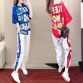 ชุดกีฬา เสื้อแขนสั้น และกางเกงขายาว ทรงหลวม สไตล์ตะวันตก สําหรับผู้หญิง 2023