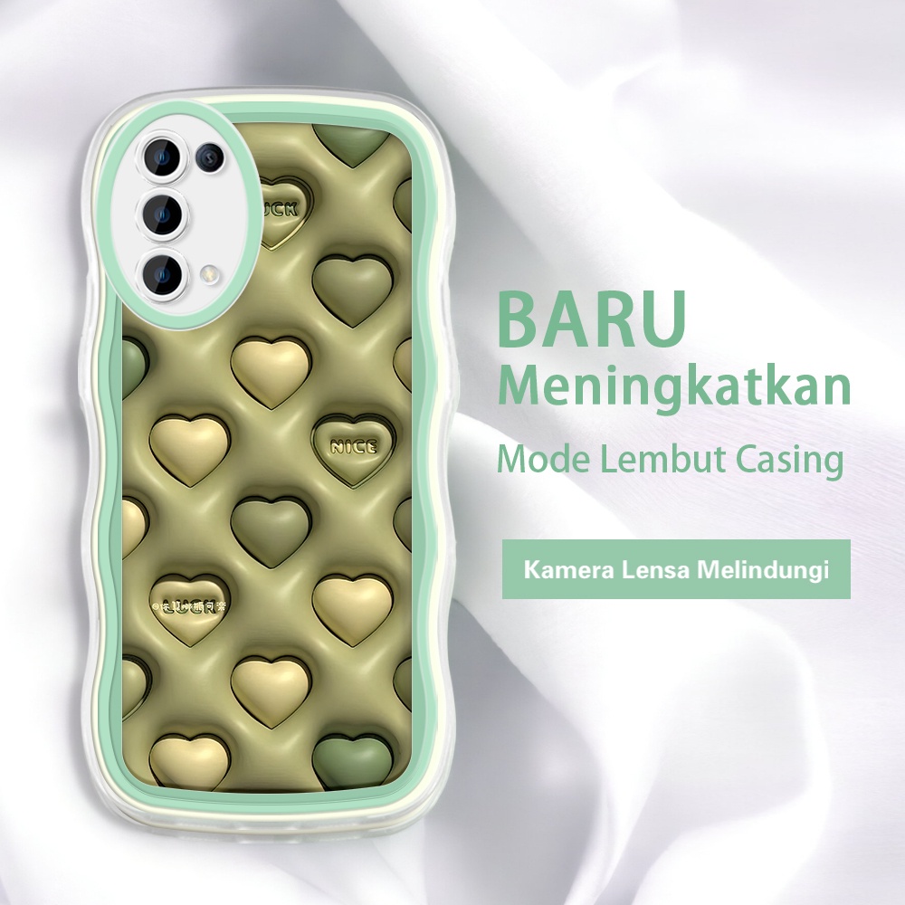 HIJAU OPPO Reno 3 4 4F 5 6 7 8 Z 5G 4G เคสโทรศัพท์สีเขียวลายหัวใจ 3D สีสัน Wave Border Case jelly hp