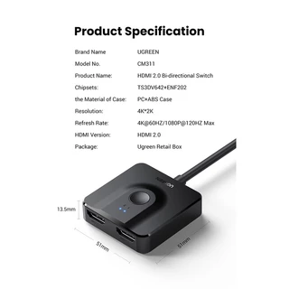 【ใหม่】UGREEN สวิตช์แยก HDMI 2 พอร์ต 4K 60Hz สําหรับสวิตช์ Xbox PS4 มอนิเตอร์ กล่องทีวี พร้อมสาย HDMI 1 เมตร