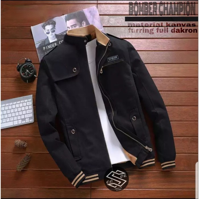 ขายดีที่สุด MENS BOMBER JACKET / CANVAS BOMBER JACKET / CHAMPION BOMBER JACKET - สีดํา, M