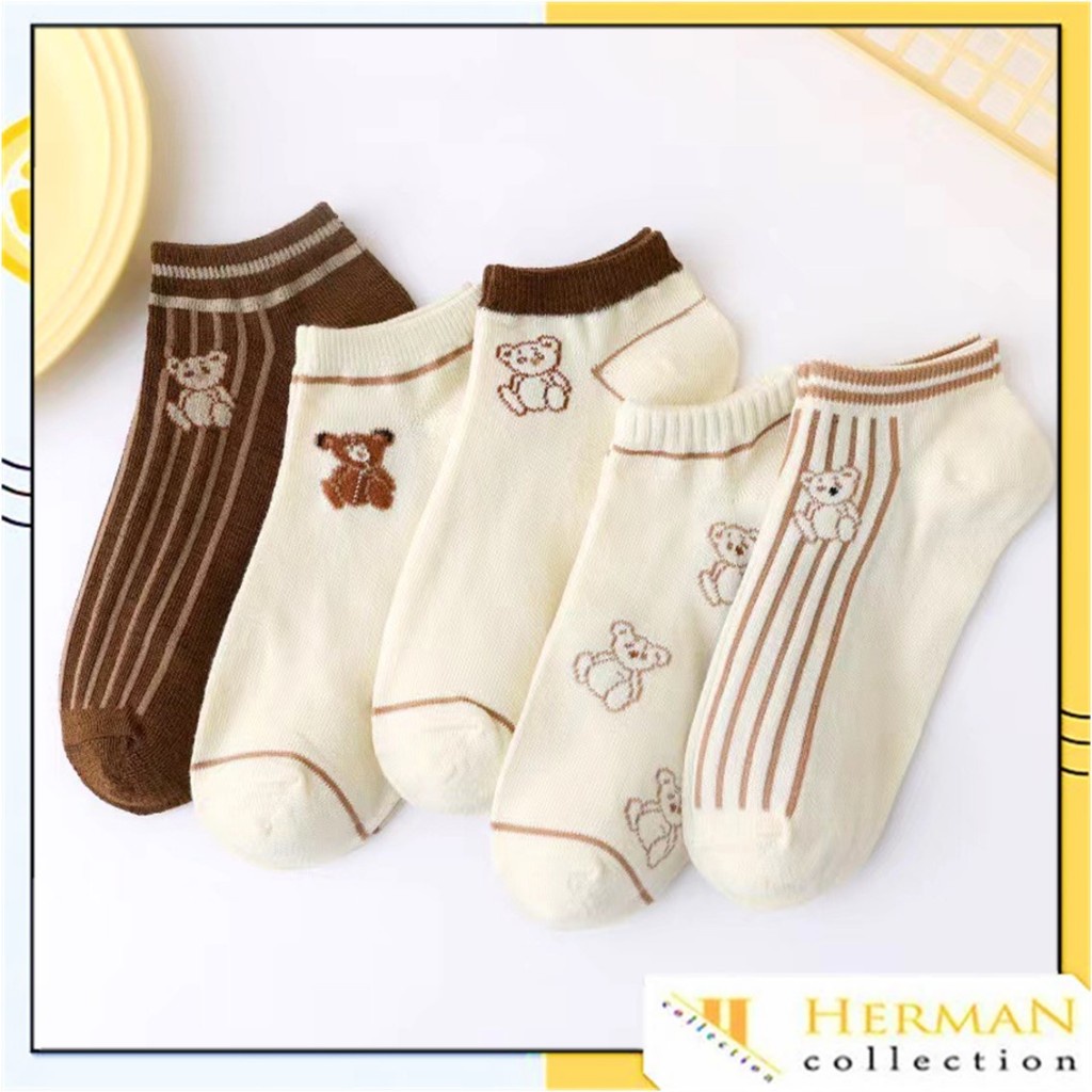 HC Short Socks Brown Bear Character Cute Stripes 6894 Bear Line Motif Socks Brown Socks Korean Fashi