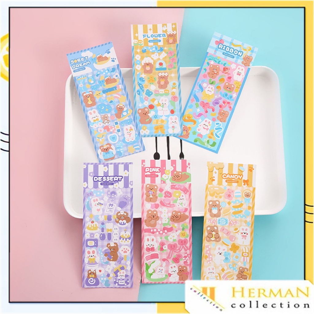 HC สติ๊กเกอร์กันน้ํา CARTOON BEAR RABBIT HOLOGRAM สติ๊กเกอร์น่ารักเกาหลี BEAR และ RABBIT CARTOON MOT