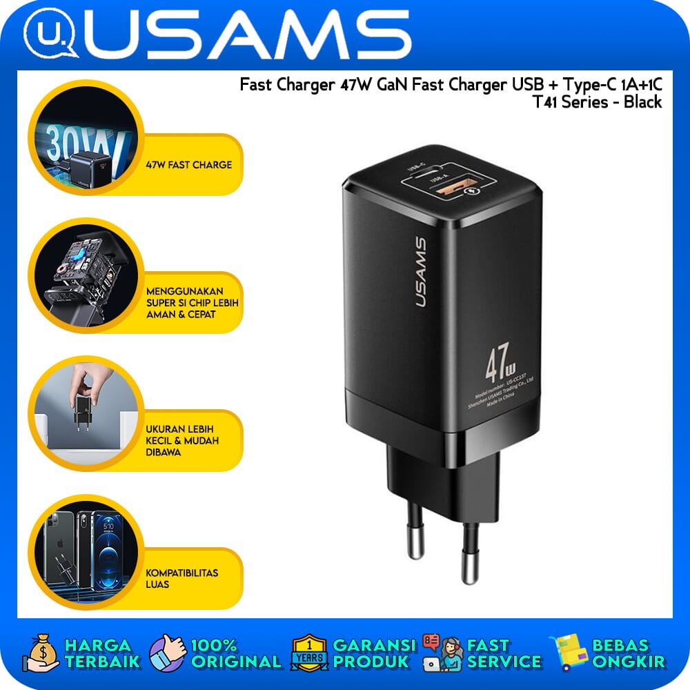 USAMS Fast Charger 47W GaN Fast Charger USB + Type-C 1A+1C T41 สีดํา