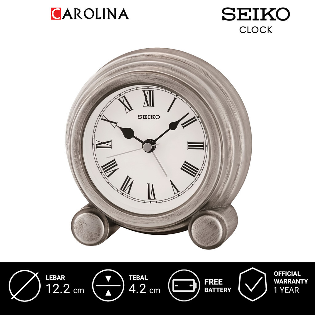 นาฬิกาปลุกอนาล็อก QXE052S SEIKO QXE052S หน้าปัดสีขาว ตัวเรือนพลาสติกสีเงิน และนาฬิกาตั้งโต๊ะ