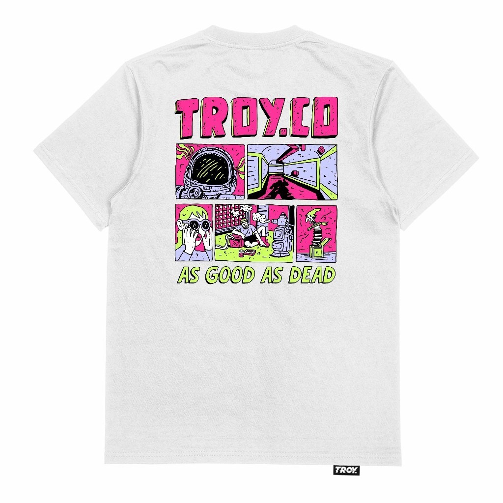 เสื้อยืดสีขาวแขนสั้นผู้ชาย Troy Company - เสื้อยืดคอสมิคสีชมพู สีขาว MTD 2522