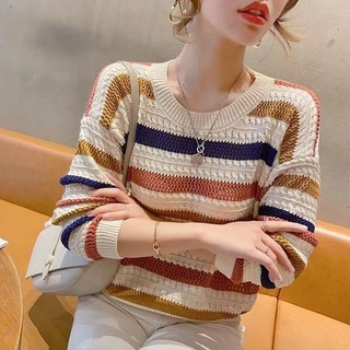 Top Knit Import Sweater - Atasan Wanita Rajut Jaring Import Stripes