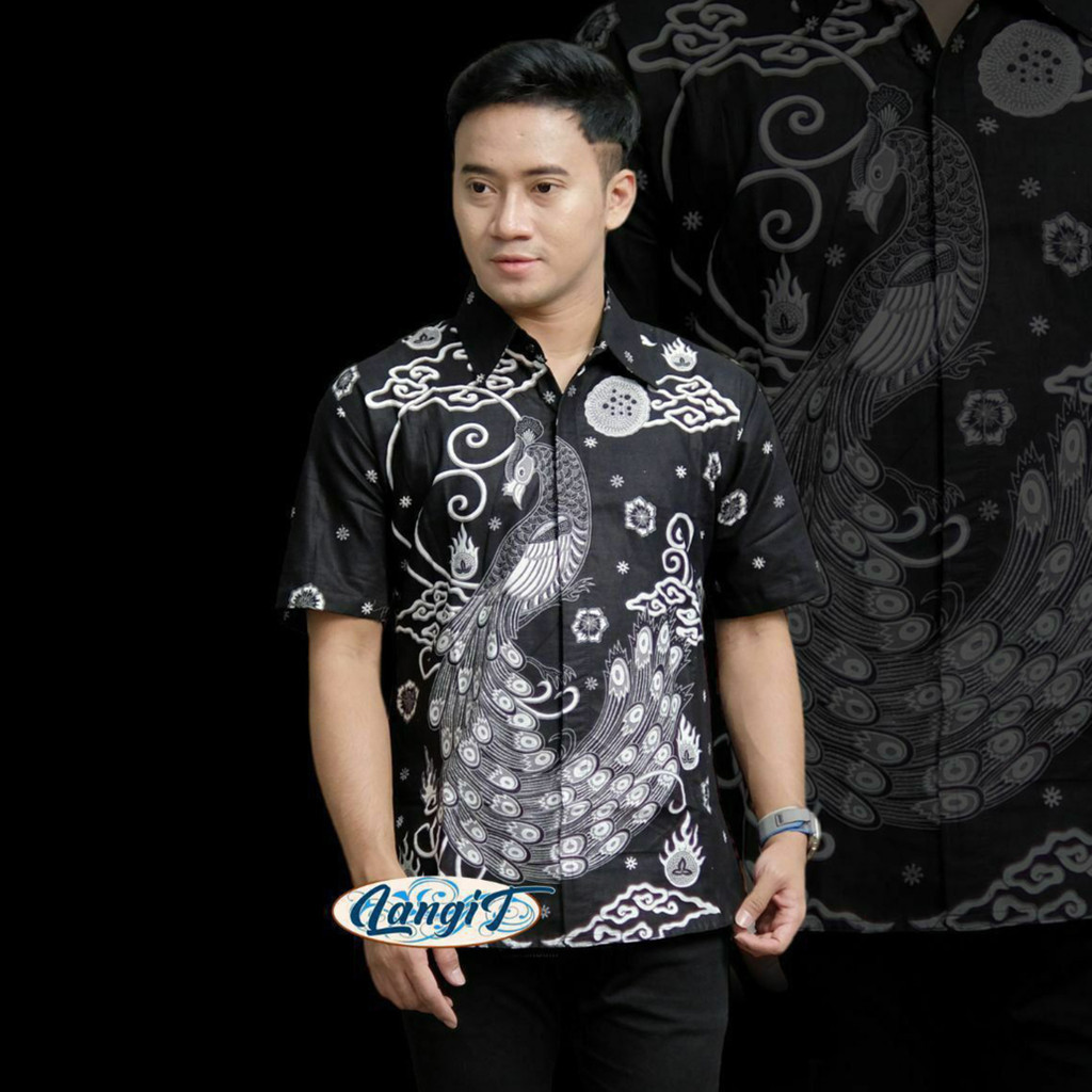 Kemeja KATUN Hem เสื้อเชิ้ตผู้ชายเสื้อเชิ้ตผ้าบาติกแขนสั้นลายนกยูงผ้าฝ้ายสีเทา Batik สินค้าขายดี