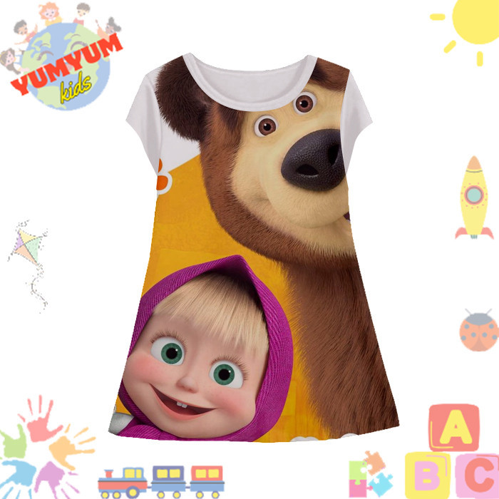 Marsha & The Bears ชุดเดรสเด็กผู้หญิง v7 Marsha และหมีการ์ตูนแอนิเมชั่นฟิล์มผู้หญิง Tunic การพิมพ์ 3D สําหรับอายุ 1-12 ปี - Yumyum Kids