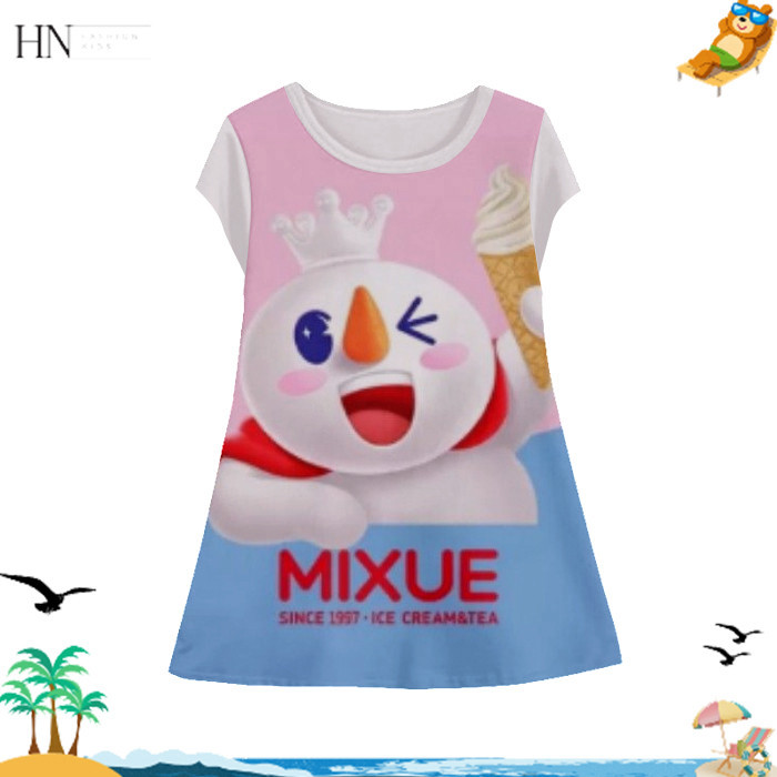 ชุดเดรส Mixue น่ารักสําหรับเด็กผู้หญิง, เสื้อคลุมพิมพ์ลายรุ่น Mixue สําหรับเด็กผู้หญิง อายุ 1-12 ปี 