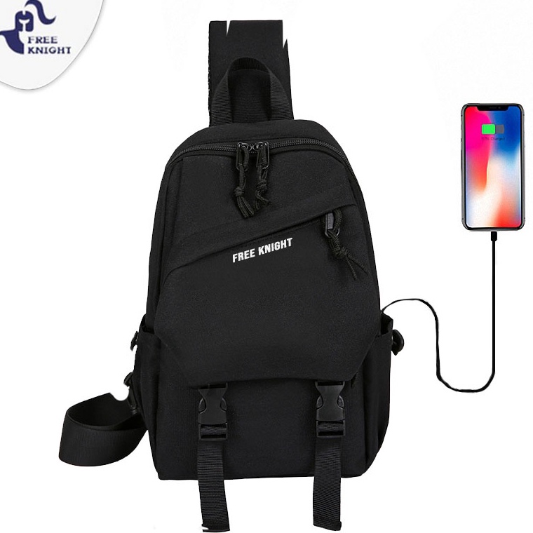 ใหม่สต็อก Freeknight ผู้ชายไนลอน USB ชาร์จกระเป๋าหน้าอกกระเป๋าสะพายกันน้ํา TS708
