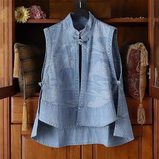 Ethnic Style Gaya Tionghoa Baru Denim Waistcoat Vest Cheongsam Top Sleeveless Cardigan Coat for Women