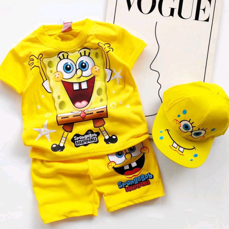 SPONGEBOB MOTIF ผ้าสําหรับเด็กผู้ชายและเด็กผู้หญิงชุดเด็กน่ารักพร้อมหมวกสําหรับอายุ 1-10 ปี