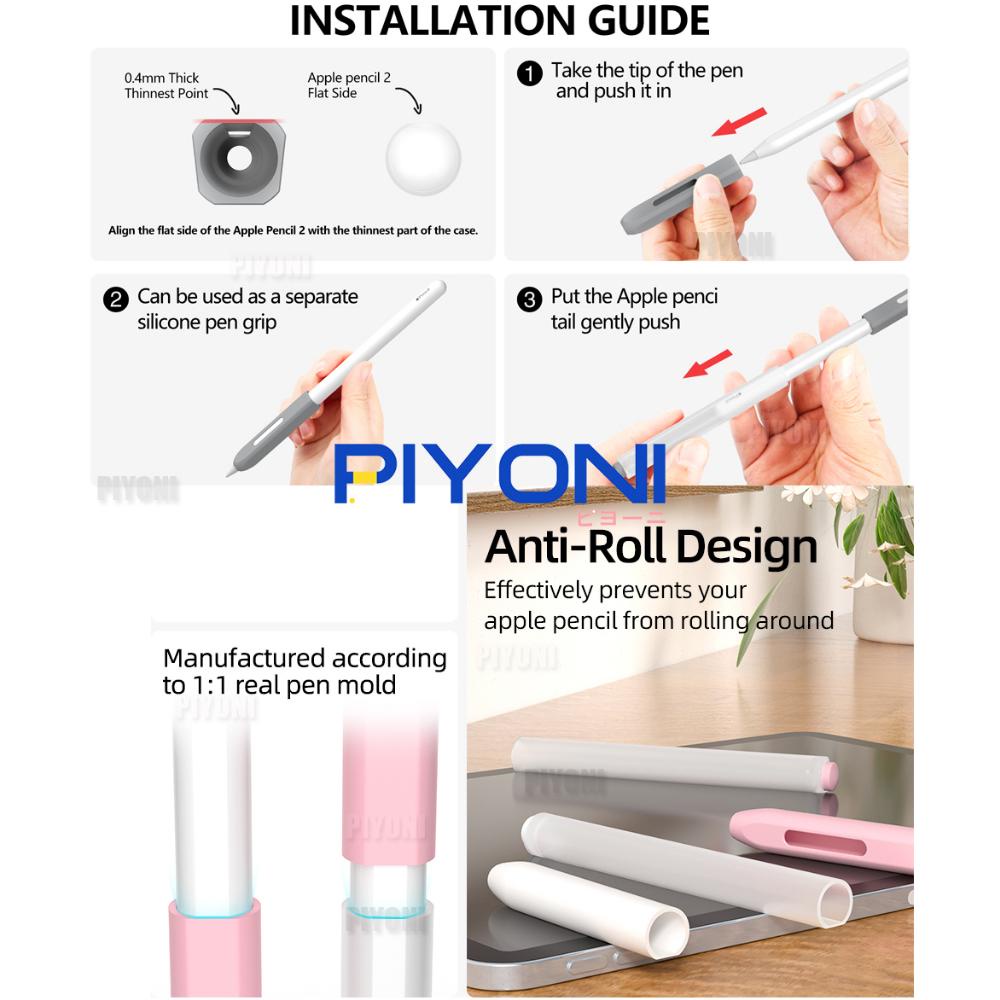 Piyon เคสดินสอ ซิลิโคน พร้อมหัวซิลิโคน 4 ชิ้น และที่ชาร์จแม่เหล็กไร้สาย สําหรับ Apple Pencil 1St &amp; 2Nd Apple Pencil 1 Duotone Apple Pencil 2