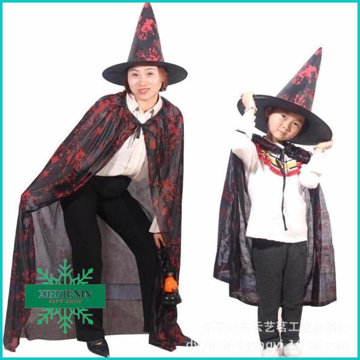 XIEXIN หมวกฮาโลวีน + เสื้อคลุมชุดเสื้อคลุมเลือดคอสเพลย์ปีศาจเครื่องแต่งกายเด็ก Dws