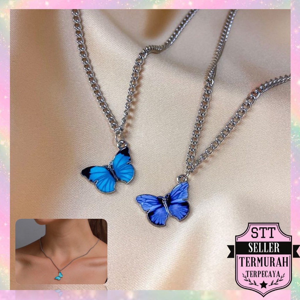 STT สร้อยคอโซ่กระดูกไหปลาร้าผีเสื้อสีฟ้าสร้อยข้อมือสไตล์เกาหลีสําหรับผู้หญิง