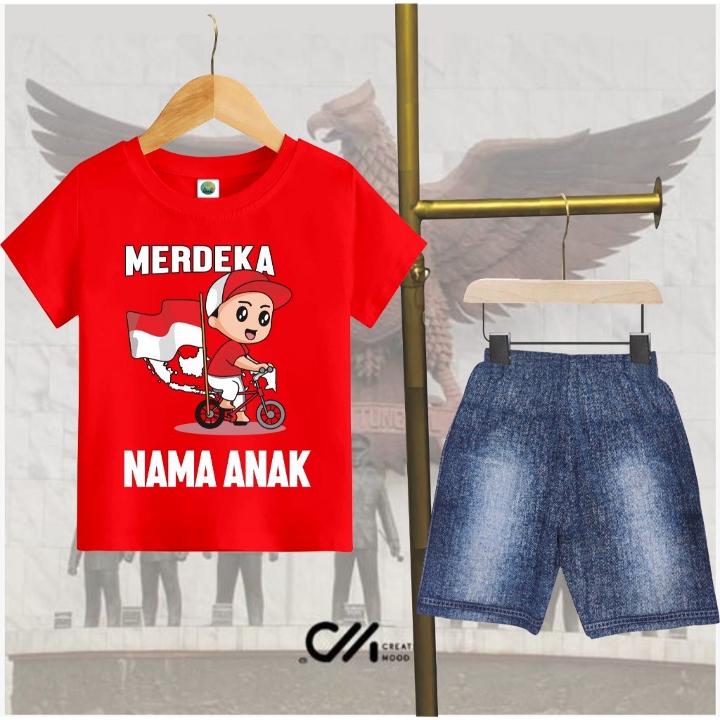 MERAH สิงหาคม 17th เสื้อผ้าเด็ก 2024 Ke79 Independence เสื้อยืดชื่อฟรีหมวก 12 ปี 6 Carnival ชุด 17 ส