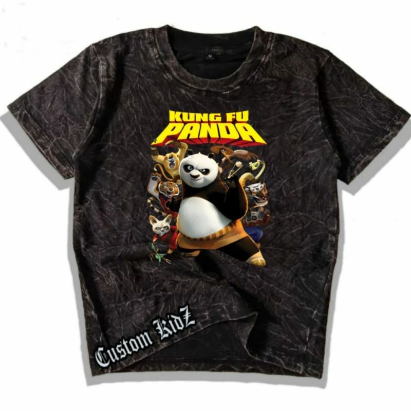KATUN KUNG FU PANDA เสื้อยืดสีดําเด็กฟอกผ้าฝ้ายพรีเมี่ยม