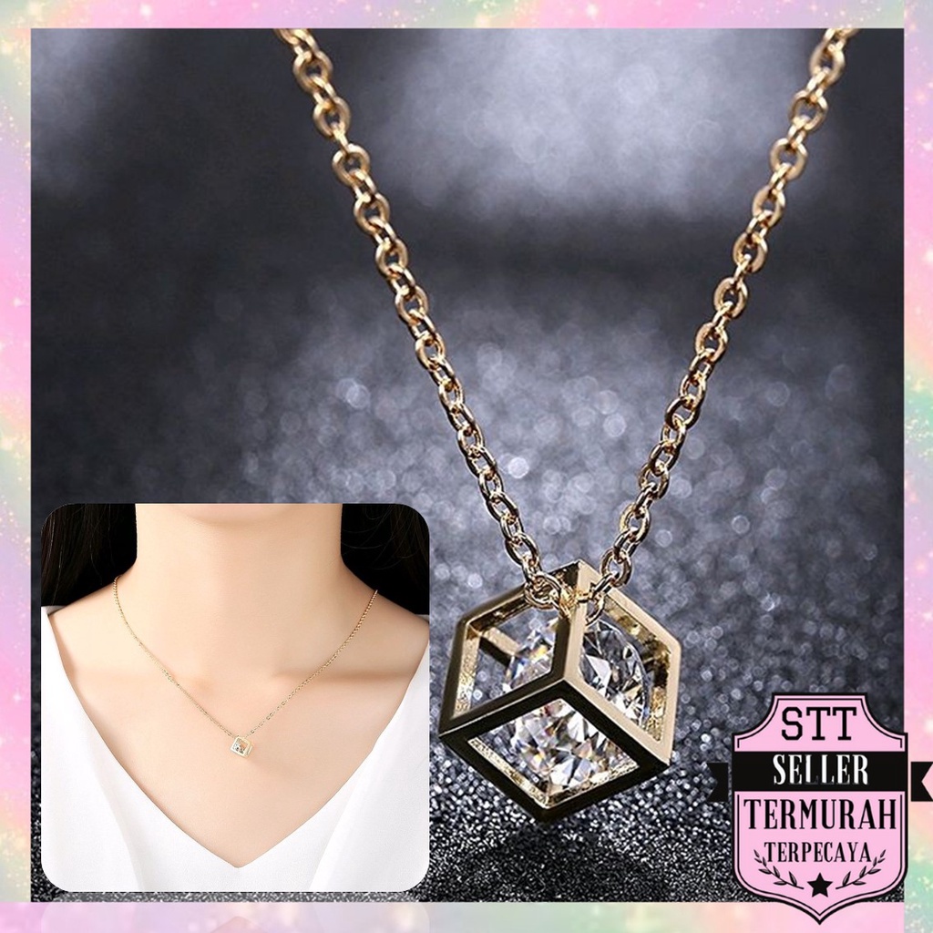 STT สร้อยคอโลหะผสมคริสตัล Cube จี้เพชรแฟชั่นเครื่องประดับสตรีสไตล์เกาหลี