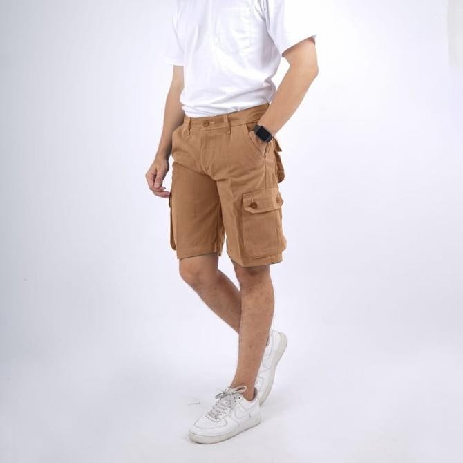 กางเกงขาสั้นคาร์โก้ผู้ชาย Regular Fit Mocha Cotton Twill Regular Fit