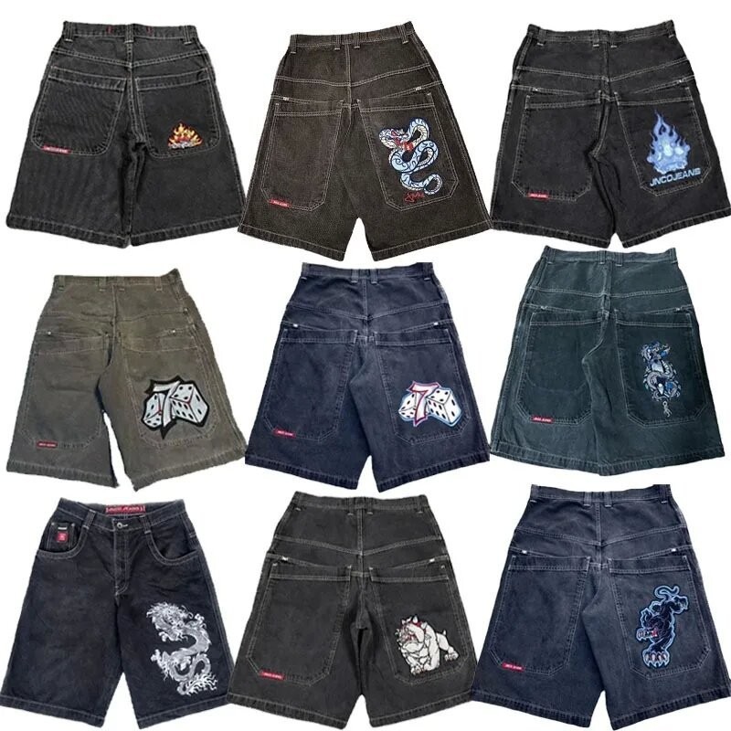 JNCOShortsY2KHip Hop Harajuku Gothic Pocket Loose Jeans Shorts Men
