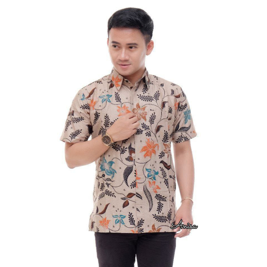 Katun KEMEJA Hem เสื้อเชิ้ตผู้ชายเสื้อเชิ้ตผ้าบาติกแขนสั้น Lotus motif Cotton Batik สินค้าขายดี