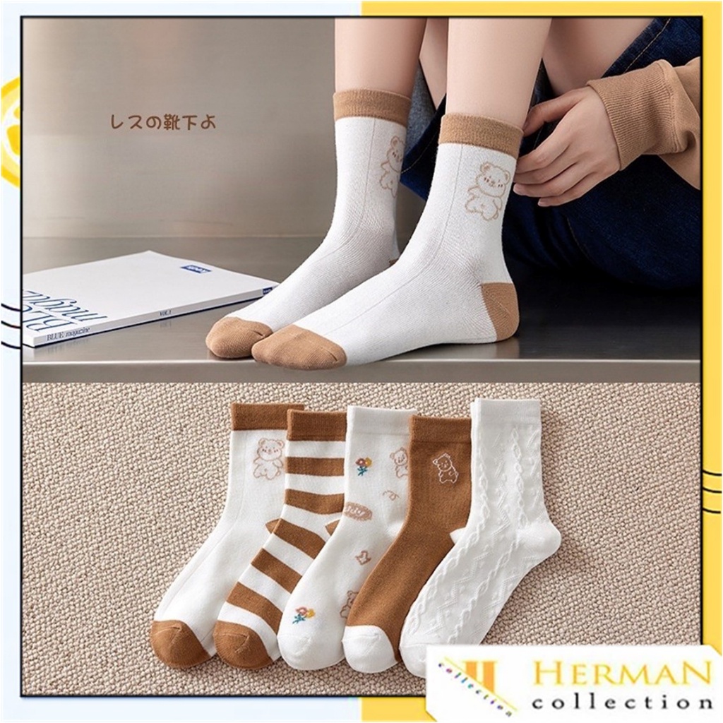 HC ถุงเท้าผู้หญิง รหัส 6839 Calf-High Bear Striped Character Unisex Socks Line Bear Motif Mid Socks 