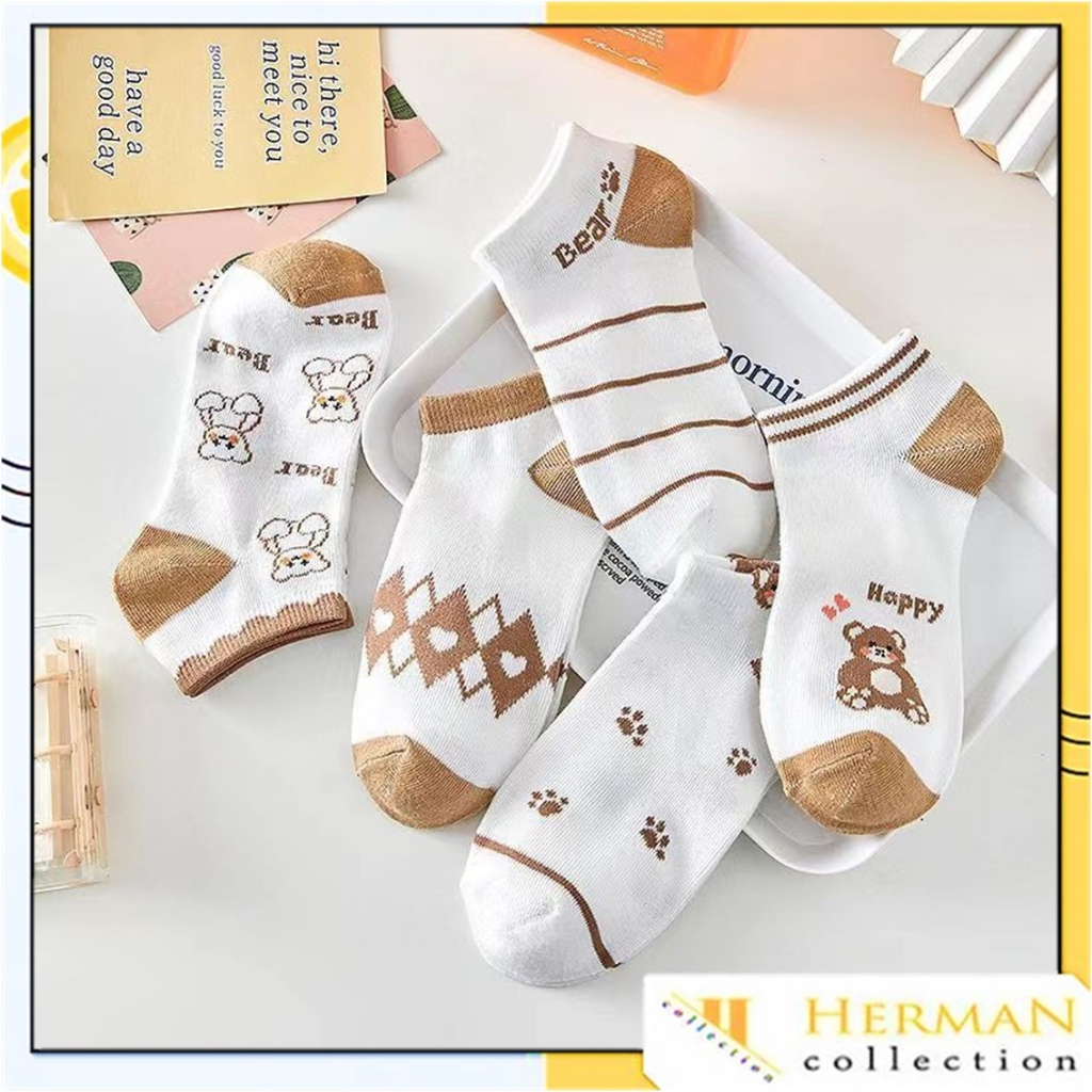 MATA HC ถุงเท้าข้อสั้นลายหมีลายทางสีน้ําตาล 6876 ถุงเท้าข้อสั้นผู้หญิง Happy Bear Love Diamond ถุงเท