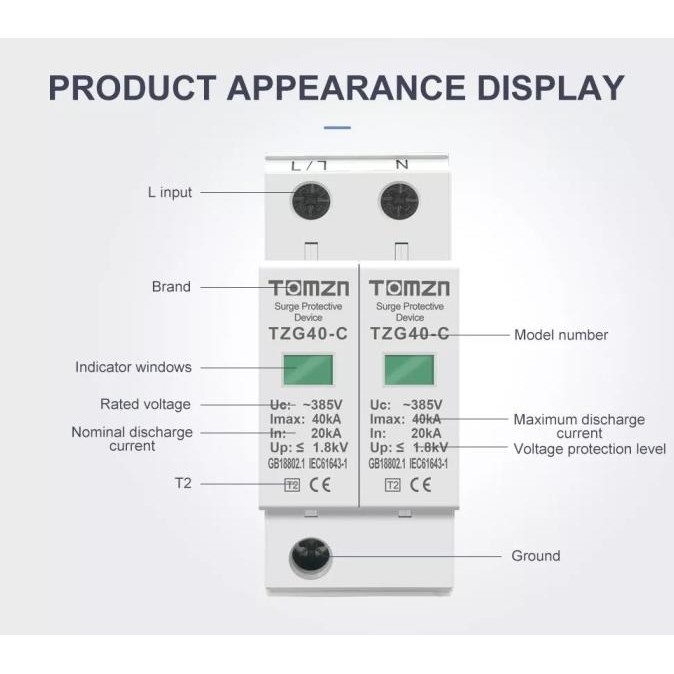 SPD AC 2P TOMZN TZG40-C 1 เฟส Surge Protector Home Arrester 220v