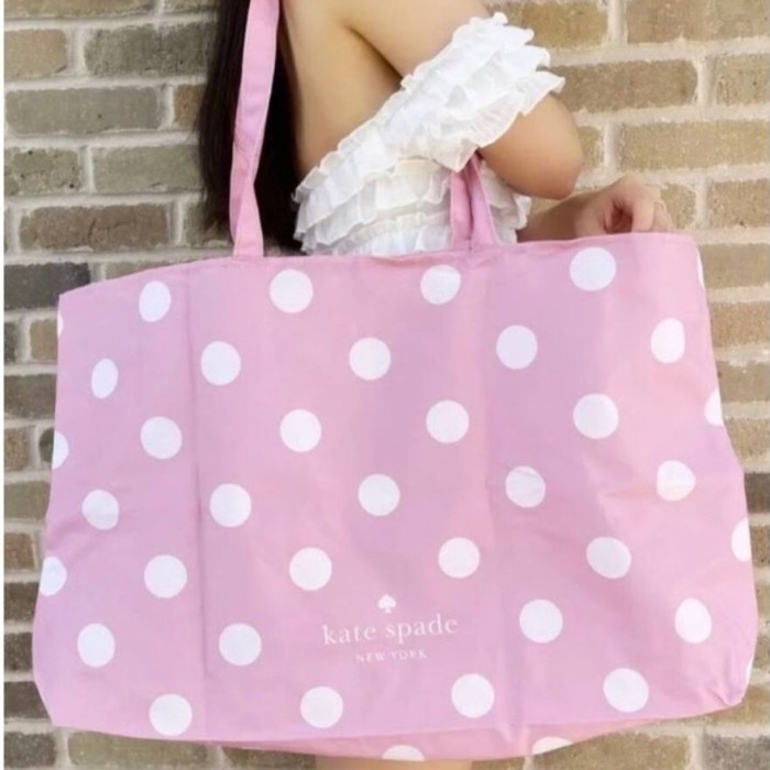 Kate Spade Pink With White Polka Dot Large Folding Shopper Tote Bag