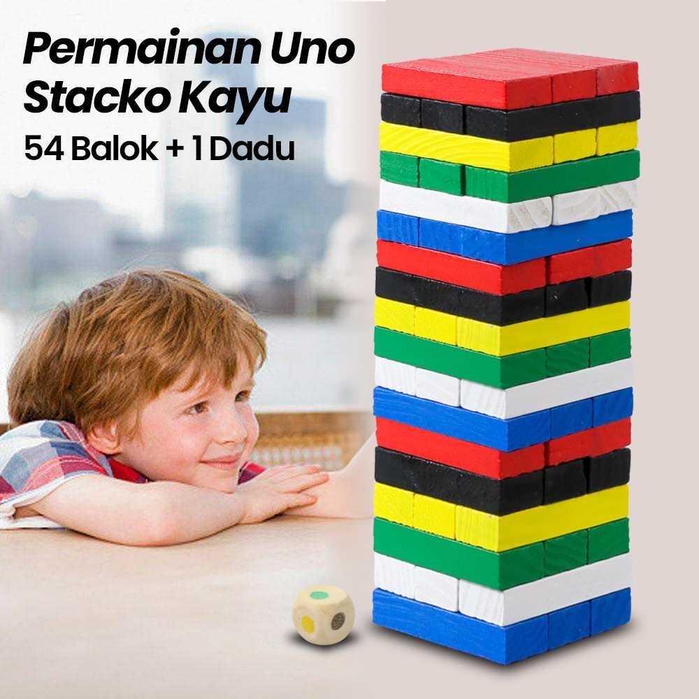 Kayu Wiss ของเล่นไม้ Stacko Uno เกม 54 บล็อกพร้อมลูกเต๋า 1 ชิ้น - WT48