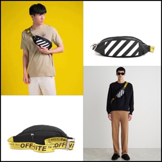 OFF WHITE ใหม่ กระเป๋าคาดอก ผ้าไนล่อน ลายทาง สีขาว ดํา กันน้ํา สไตล์ฮิปฮอป