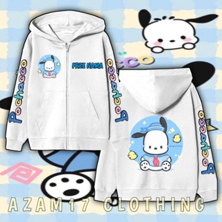 เสื้อแจ็กเก็ต มีฮู้ด แต่งซิป ลาย Pochacco Free Your Name Sanrio สําหรับเด็กผู้ชาย และเด็กผู้หญิง