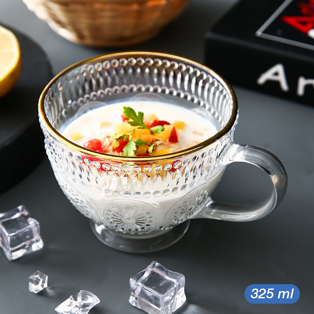 GS8z Sun Flower Retro Pattern Gold Lis 325ml A1 โปร่งใส Or-I Taiyanghua ถ้วยดื่ม