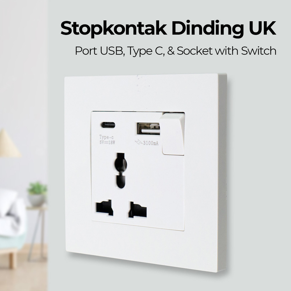 Sran Wall Socket UK 2 Port USB Type-C Socket with Switch - SR3 - สีขาว