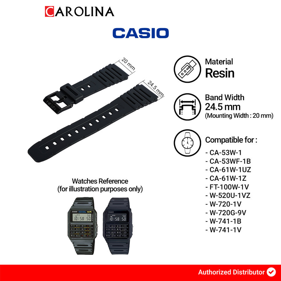 CASIO CA-53W / CA-53WF / CA-61W / FT-100W / W-520U / W-720 / W-720G / W-741 24mm Black Resin Strap 7