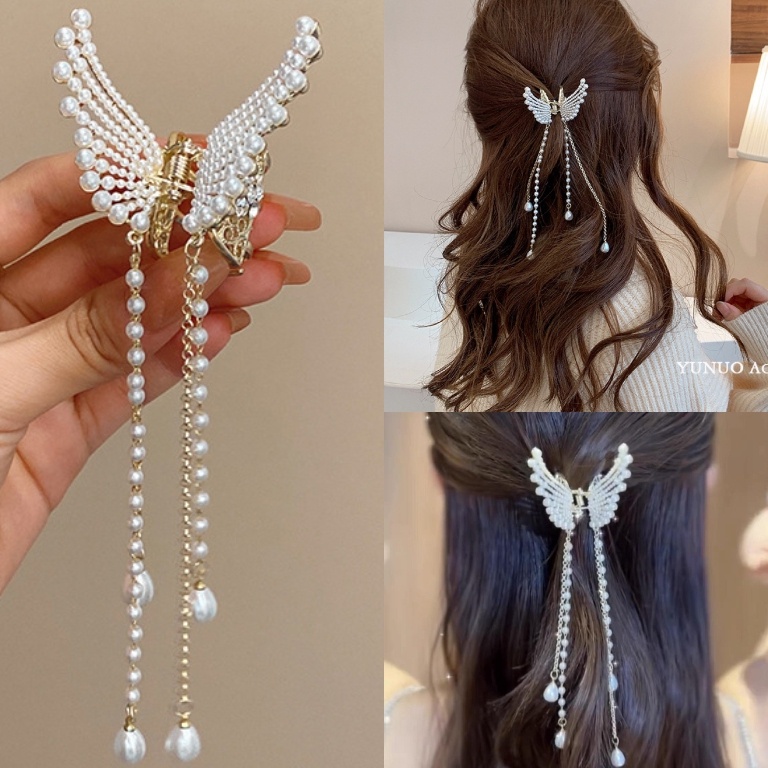Top bangetX3j3I กิ๊บติดผมผีเสื้อพู่มุกกิ๊บติดผมเกาหลีเครื่องประดับผมกิ๊บติดผมผีเสื้อมุก