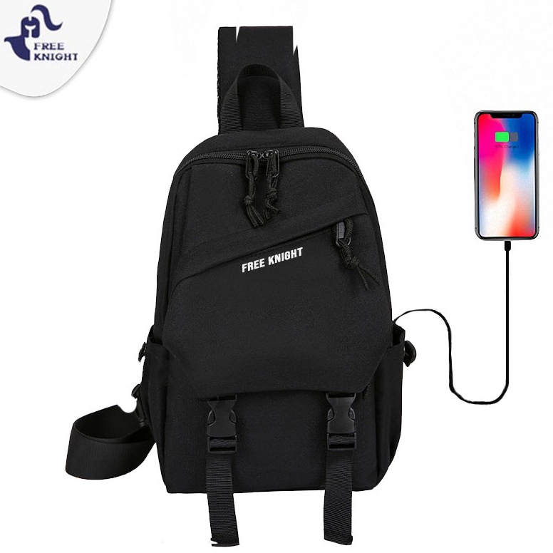 สุดฮิต.. Freeknight Mens Nylon USB Charge Chest Bag กระเป๋าสะพายข้างกันน้ํา TS708