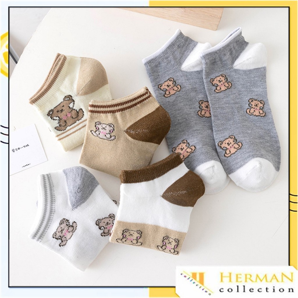 HC ถุงเท้าข้อสั้นผู้หญิงริบบิ้นสีชมพู Bear Motif รหัส 6871 ถุงเท้าผู้หญิงแฟชั่นเกาหลี