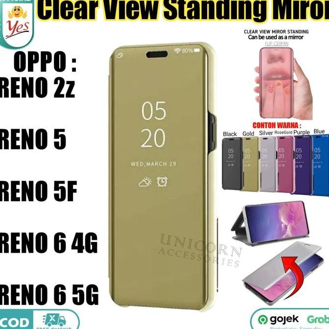 DE109 >> Clear View Case Oppo RENO 2z 5 5f 6 4G 5G Flip Mirror Standing Casing
