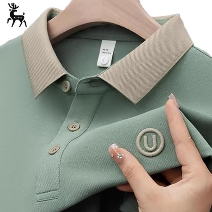 HIJAU KeyBoy เสื้อโปโลผู้ชายสีเขียว, เสื้อยืดคอปกผู้ชาย, ปกผสมโปโลแขนสั้นธรรมดา, hfs สไตล์เกาหลี