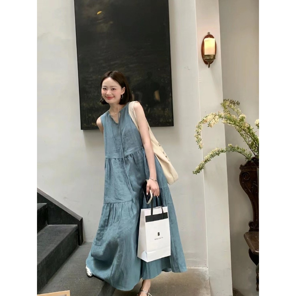 Verve ตู้เสื้อผ้า Blue Lake Dress สําหรับผู้หญิงครอบคลุมท้องและทําให้คุณดูชุดเสื้อกั๊กหลวมผอมสําหรับ