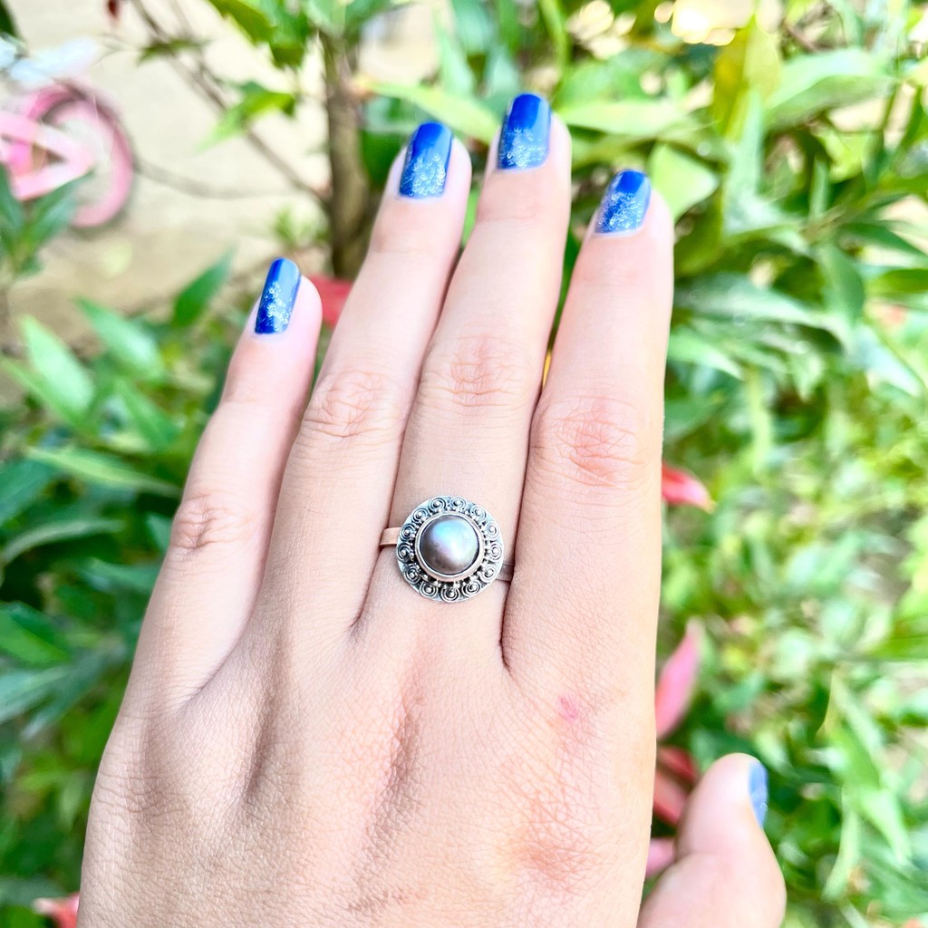 ของแท้ 925 Silver Pearl Gemstone Bun Jawan Motif แหวนสําหรับผู้ชายผู้หญิงเครื่องแต่งกาย