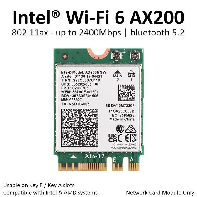 - การ์ดไร้สาย Intel WiFi 6 AX200 บลูทูธ 5 AX M.2 NGFF AX200NGW