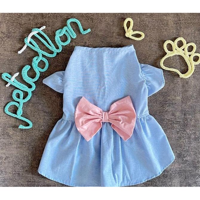 Sky Blue Ribon Dress Dog Dress Cat Dress เสื้อผ้าสุนัขน่ารัก