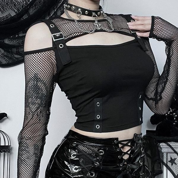 พิเศษ GothGothic Fishnet Patchwork เสื้อ Hollow Out 8192 (S/M/L) A-123