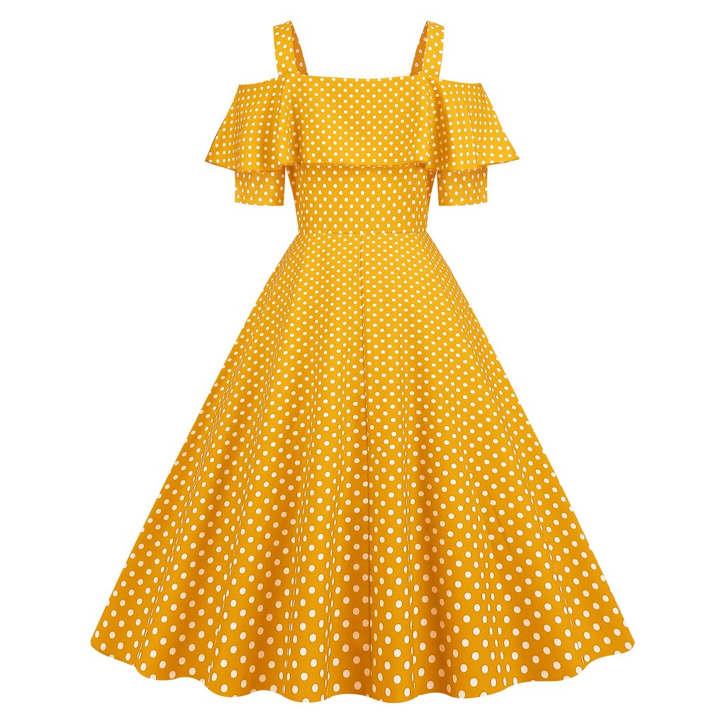 L Cross-Border การค้าต่างประเทศผู้หญิงแฟชั่นแหล่ง Hepburn สายคล้อง Ruffle แขนสั้น Flared Polka Dot50