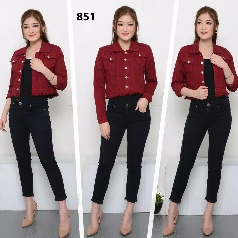 MERAH Asia Mode Dark Red Rawis Crop Jeans Jacket / Red Jeans Jacket / Maroon Red Tassel Jeans Jacket